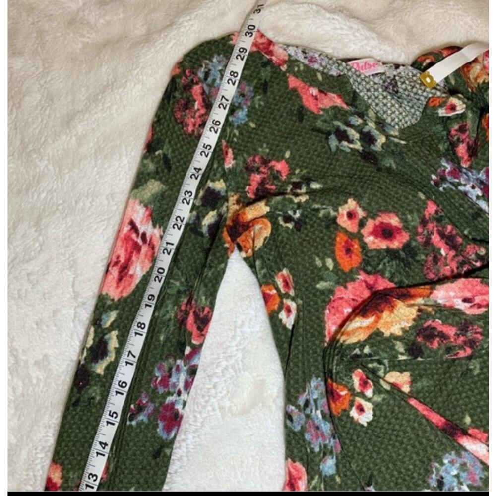 Green Pink Floral Print Waffle Knit Long Sleeve V-Neck Top Women’s Size Large - Picture 8 of 10